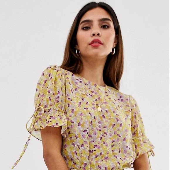 EAST ORDER Floral Chiffon Puff Short Sleeve Crew Neck Ruffle Shift Mini Dress M‎ - Picture 5 of 8